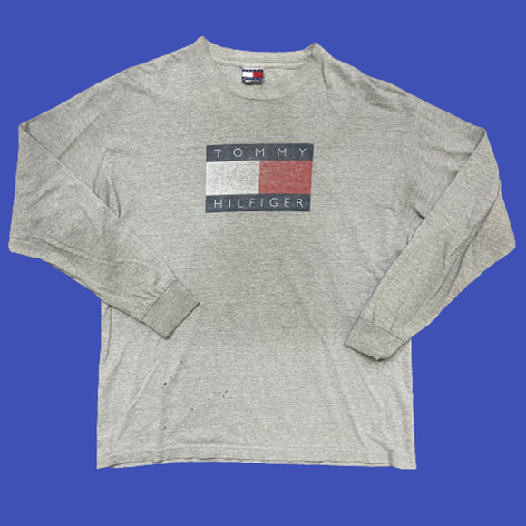 Tommy Hilfiger Vintage Flag Logo Gray L/S T-Shirt Men's Size Large - Picture 1 of 8